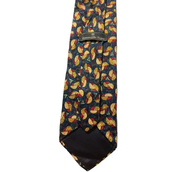 Ermenegildo Zegna Silk Tie Navy Blue Gold Red Abstract Geometric Pattern Z-7‎
